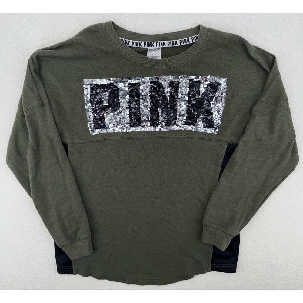 PINK Victoria's Secret Olive Green Sequin Logo Mesh Side Pullover Top Small